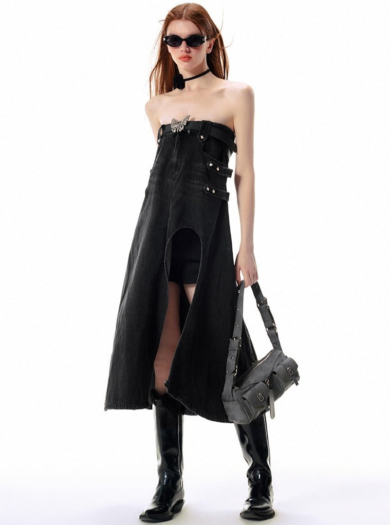 Hollow black slit denim Skirt