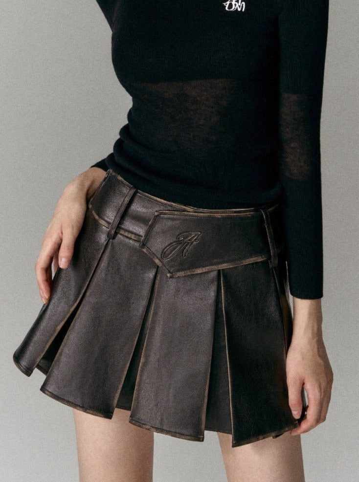 retro distressed PU leather skirt