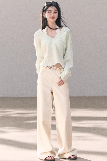 Washed Wide-Leg Lace Pants