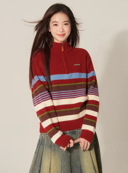 Retro Half-Zip High Neck Contrasting Striped Sweater