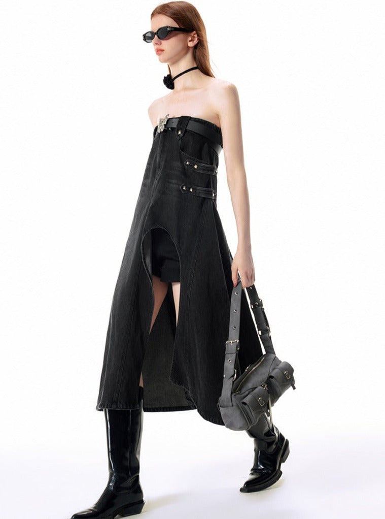 Hollow black slit denim Skirt