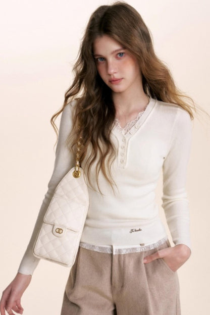 Lace Patchwork Wool Wide-Leg Pants