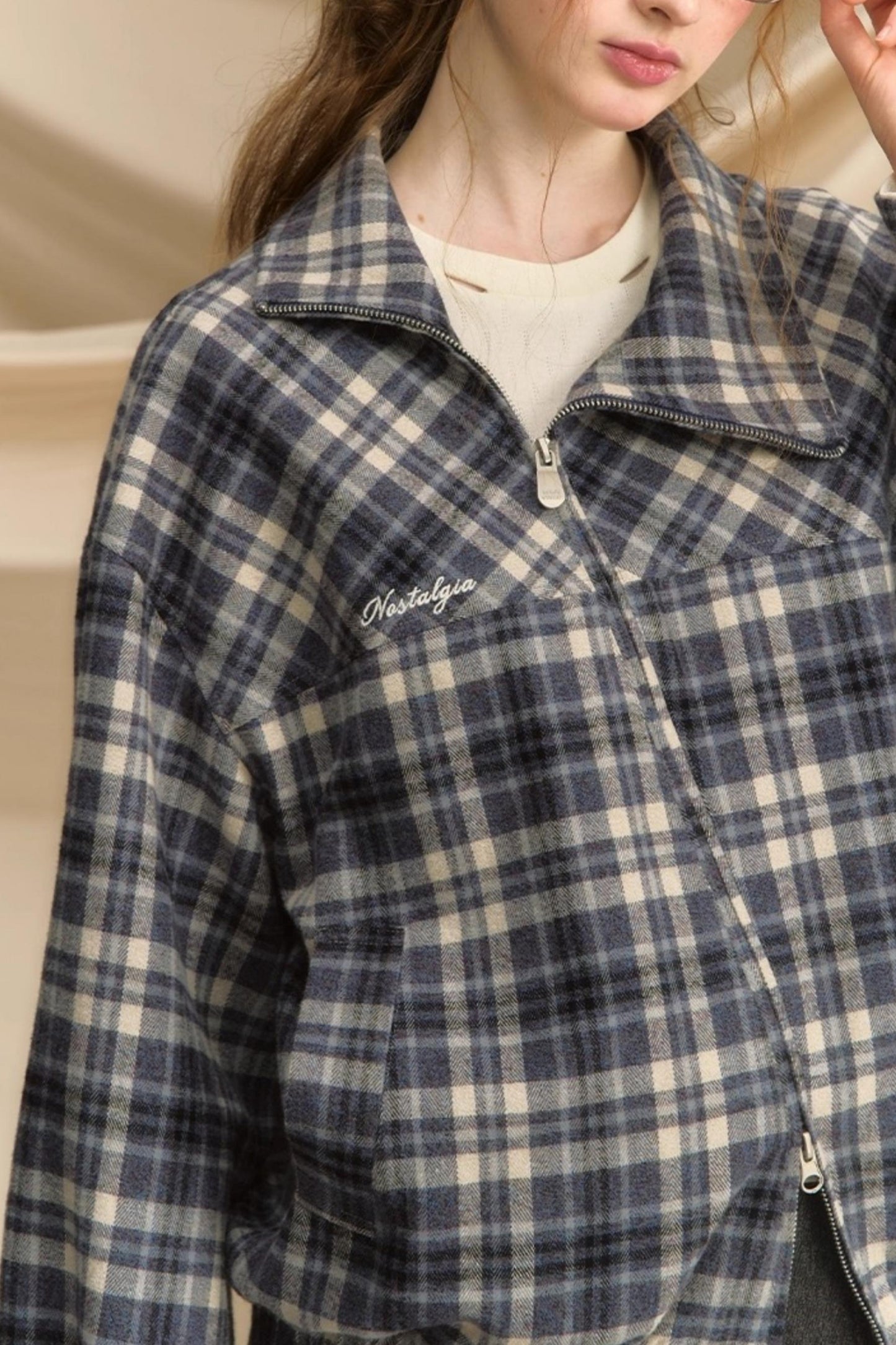 Vintage Plaid Diagonal Flight Jacket