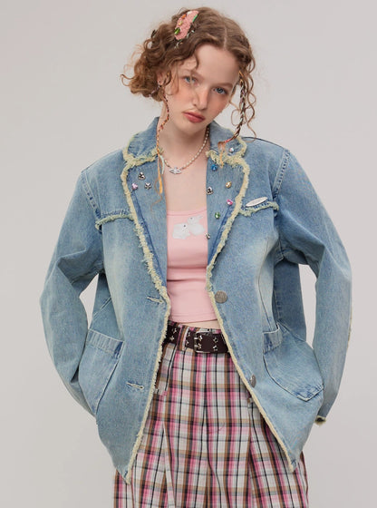 American vintage diamond denim blazer jacket