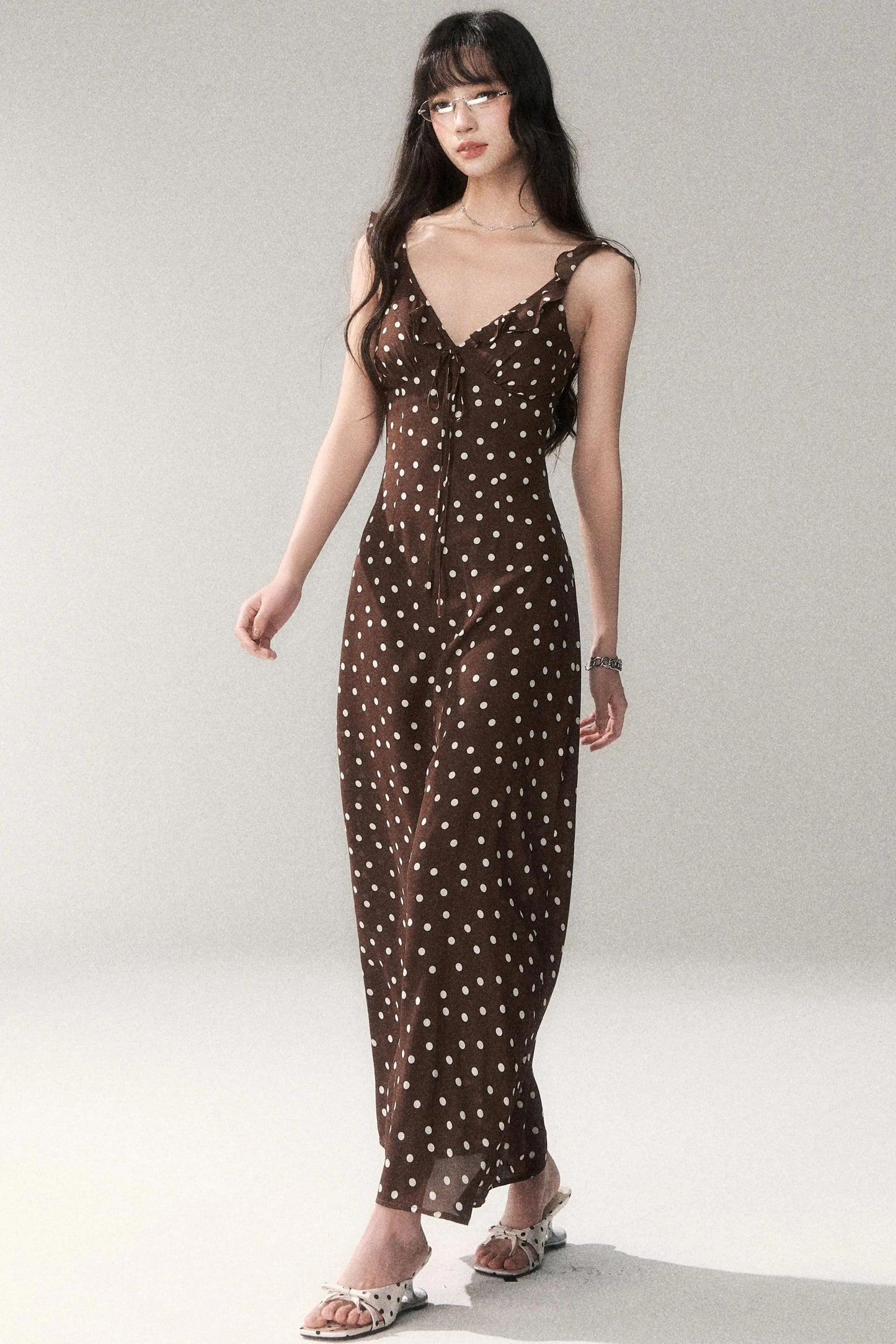 Brown Polka Dot Strap Dress