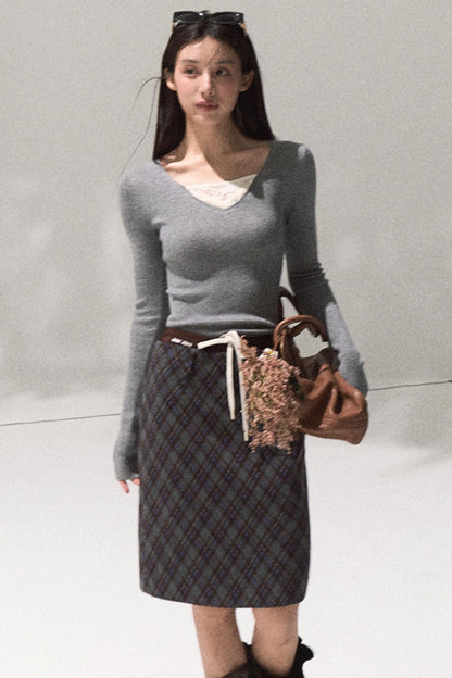 Skin Lace Wool Knit Sleeve Sweater Top