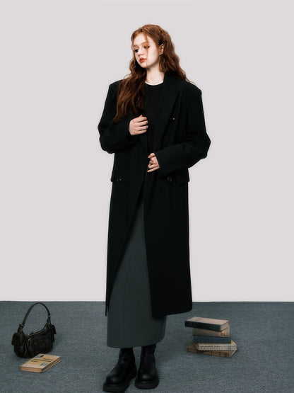 Long double-breasted worsted blazer coat