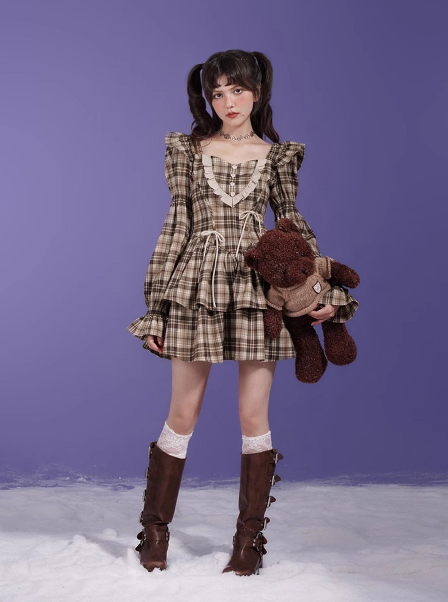 Brown Checkered Bow Small Flying Sleeve Dress