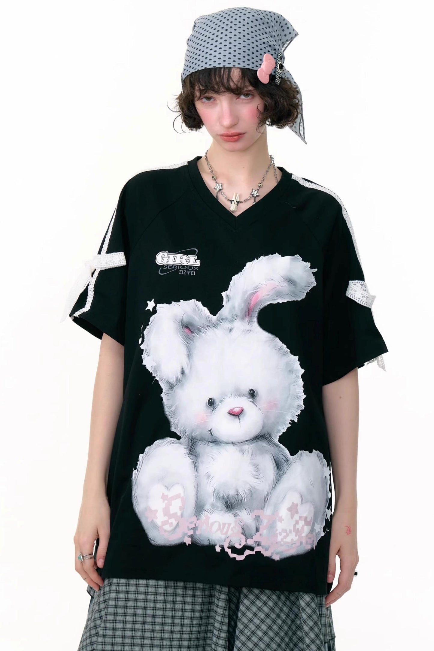 Summer Vintage Lace Bow Short Sleeve T-Shirt