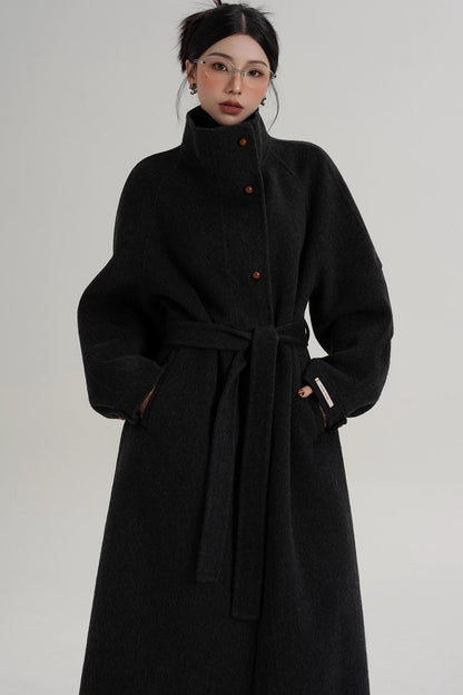 Elegant High-Neck Long Wool Coat