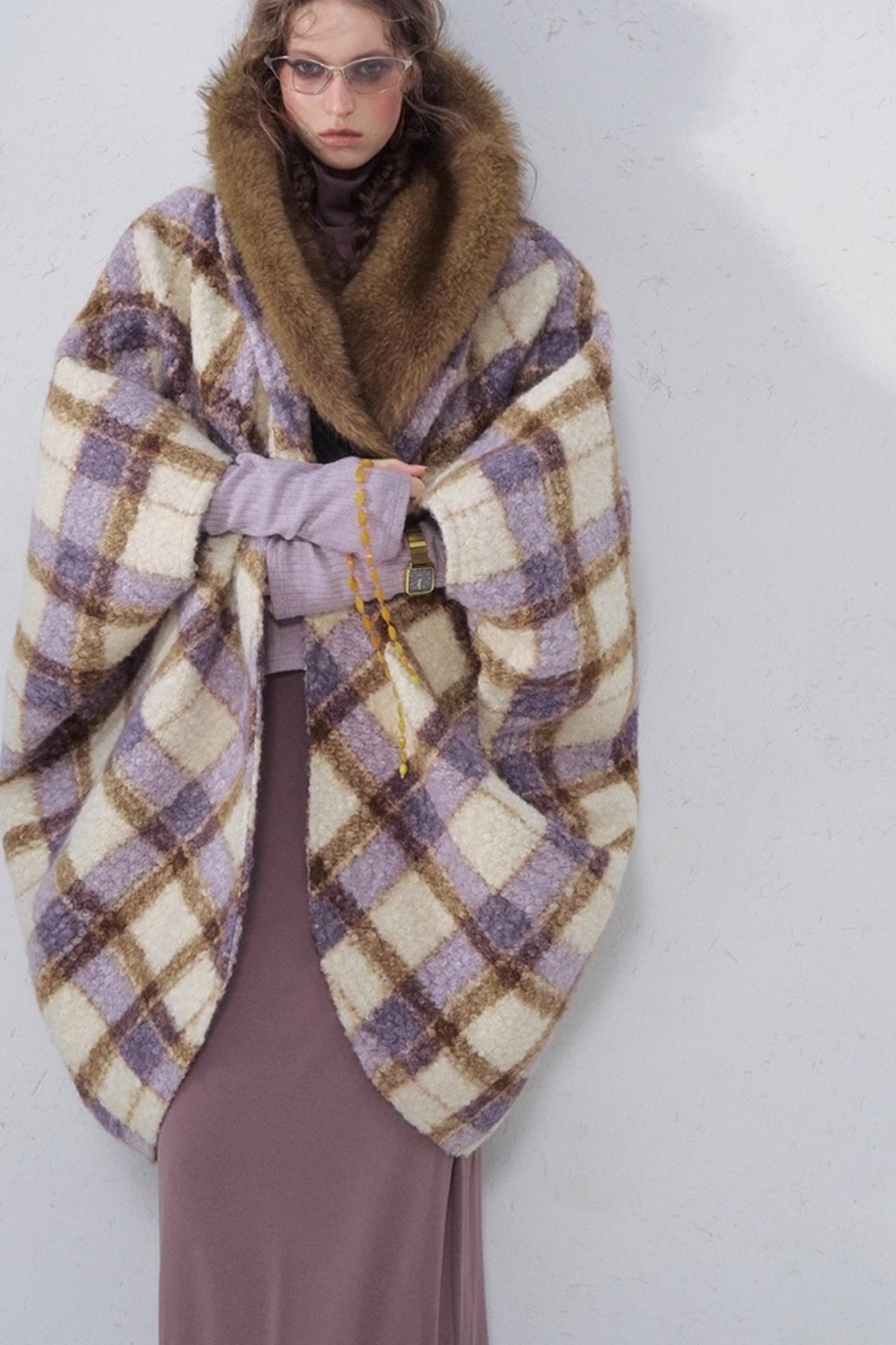 Plaid Fur Collar Woolen Coat