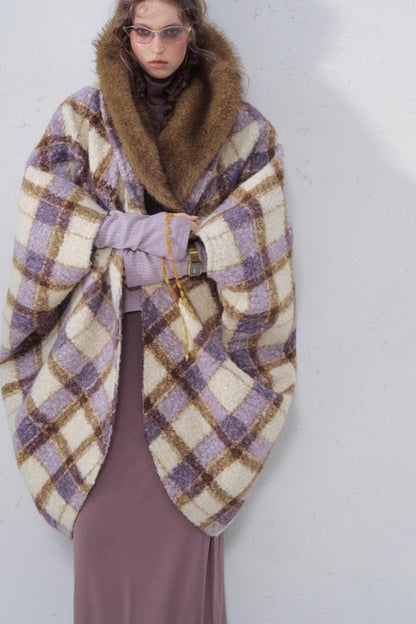 Plaid Fur Collar Woolen Coat