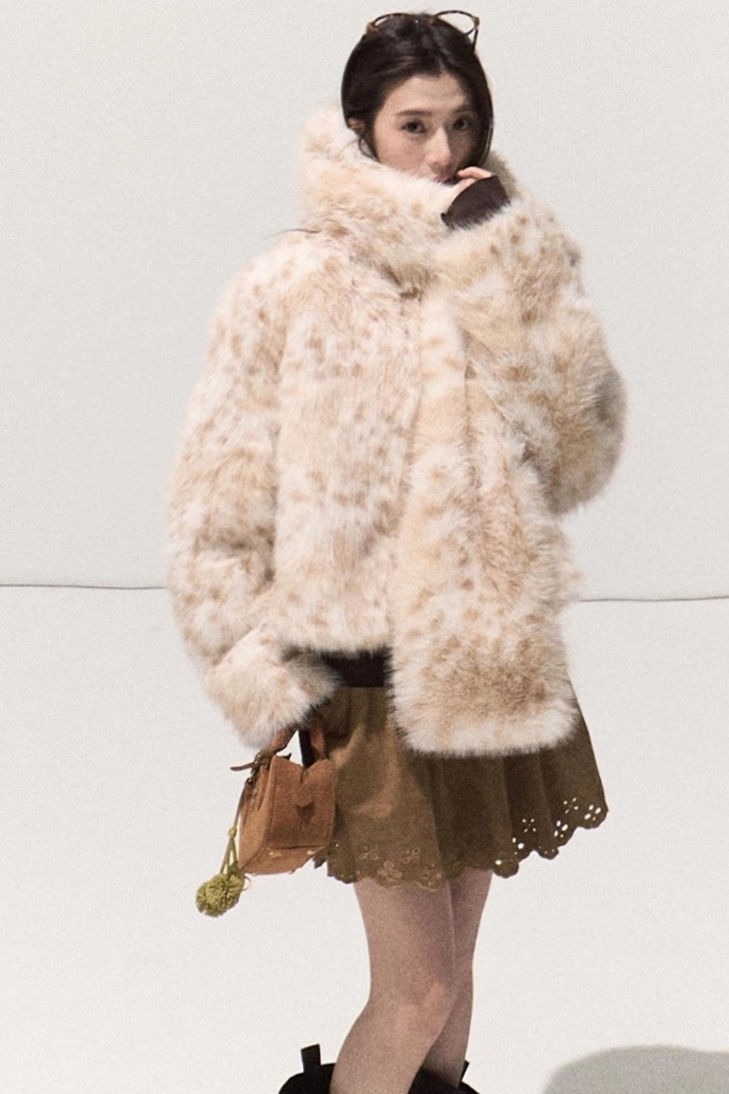 Girlish Leopard Print Fur Coat Set-Up