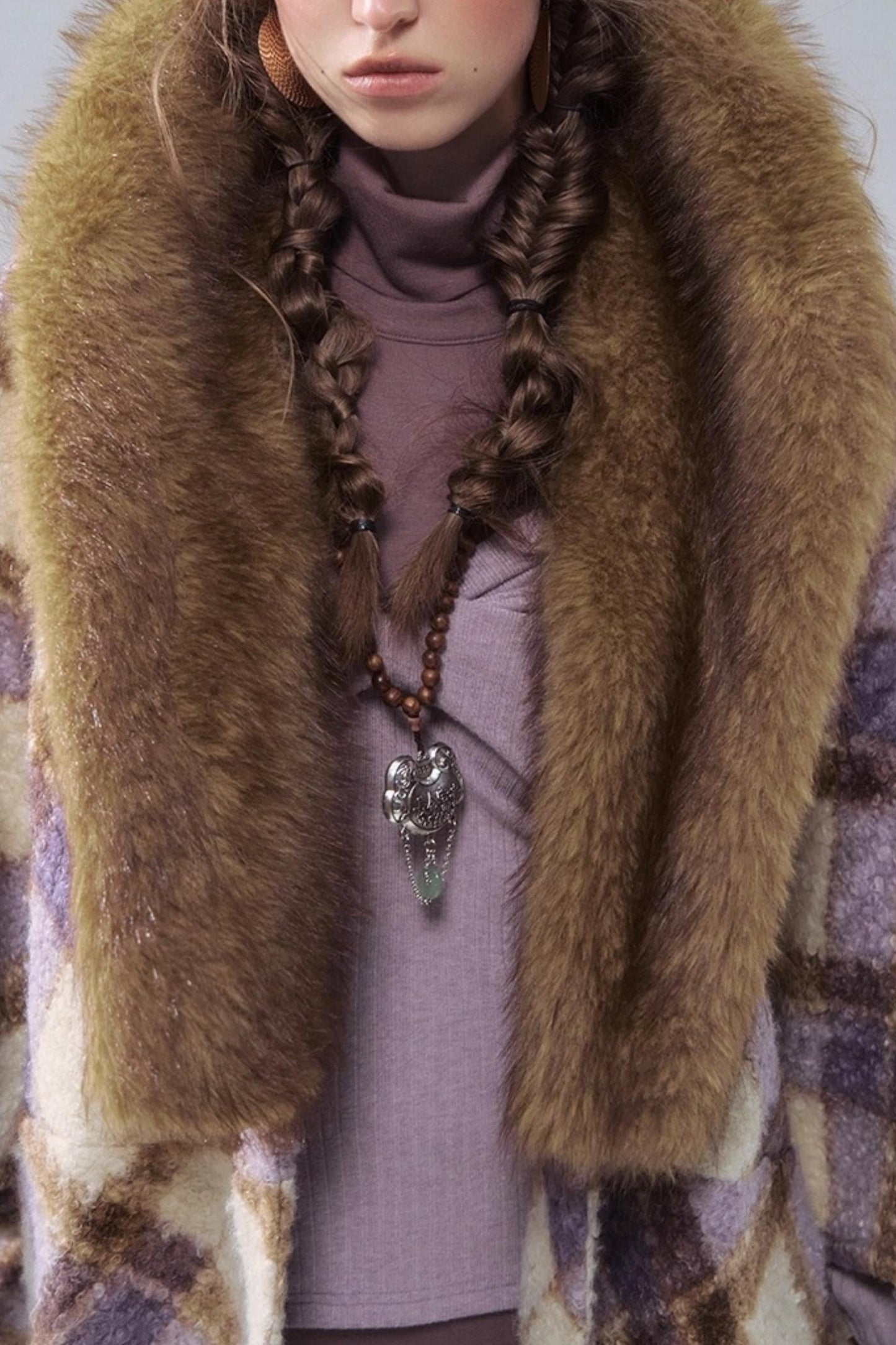 Plaid Fur Collar Woolen Coat