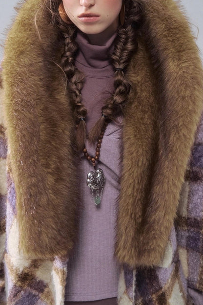 Plaid Fur Collar Woolen Coat