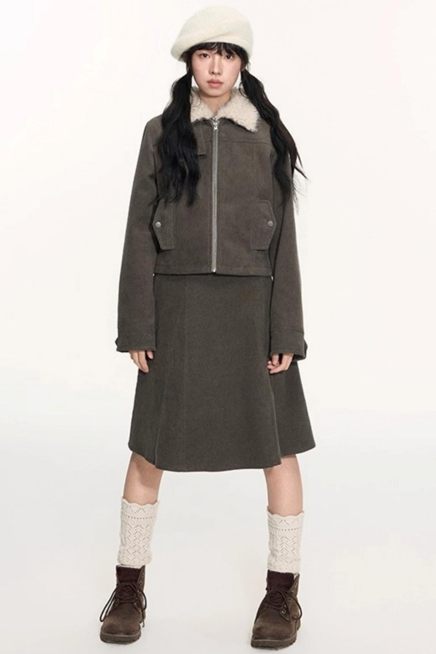 Vintage Fur Collar Jacket With Skirt Set-Up