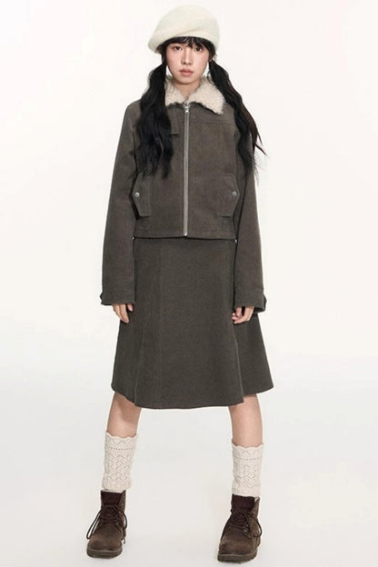 Vintage Fur Collar Jacket With Skirt Set-Up