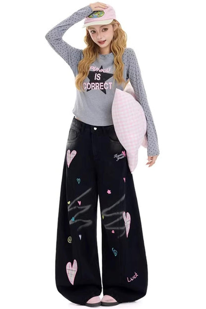 Retro Heart Print Denim Pants