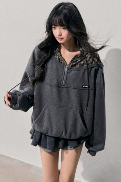 Fake Two Piece Plaid Hooded Jacket