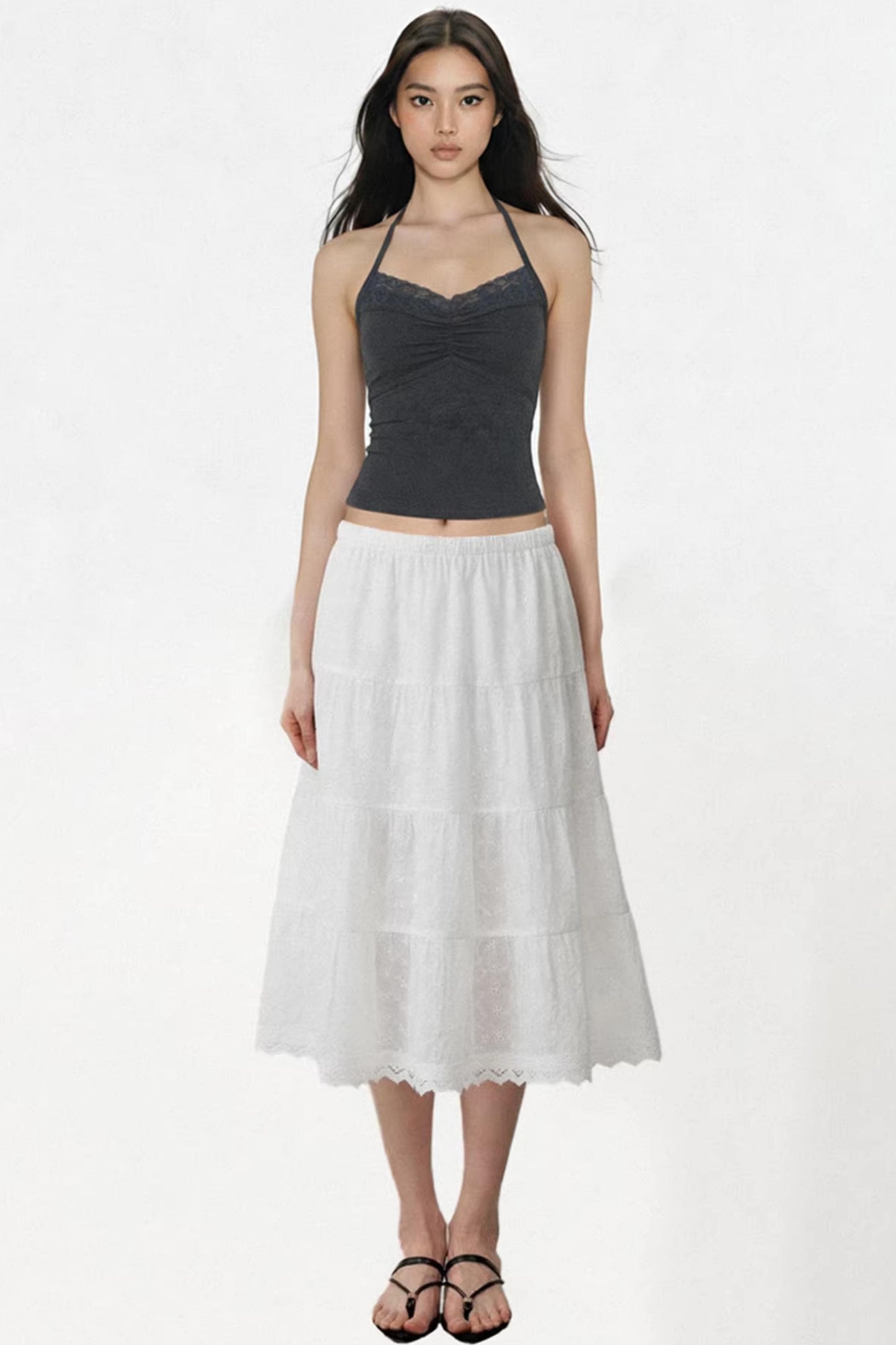 Dark Gray Lace Ruched Top