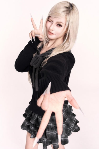 Navy Collar Slimming Knit Top