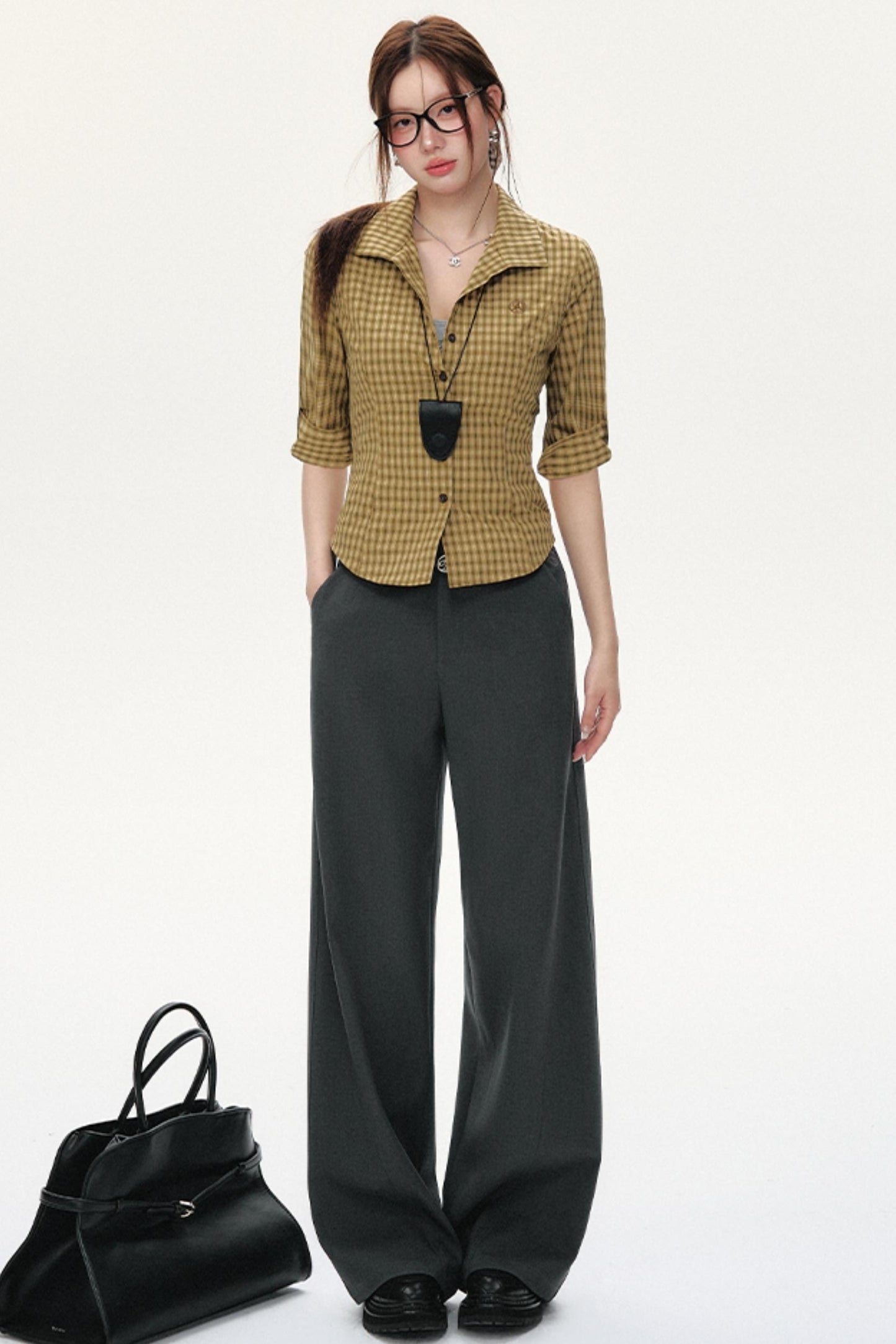 Slim Fit Mid-Sleeve Checked Top Set-Up