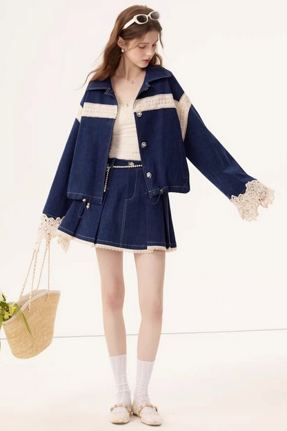 Retro Denim Lace Jacket Set