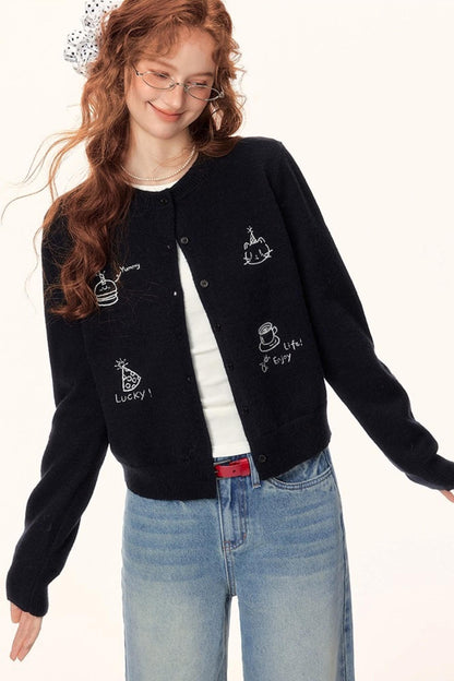 Childlike Embroidery Knit Cardigan