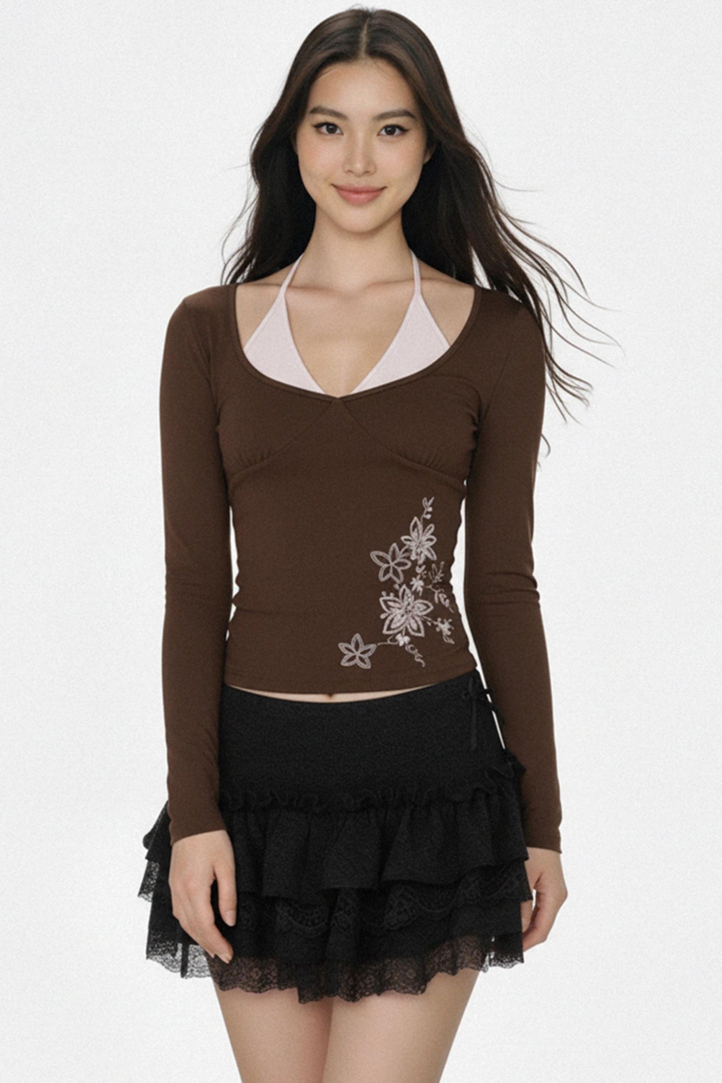 컬러 블록 플로럴 자수 탑