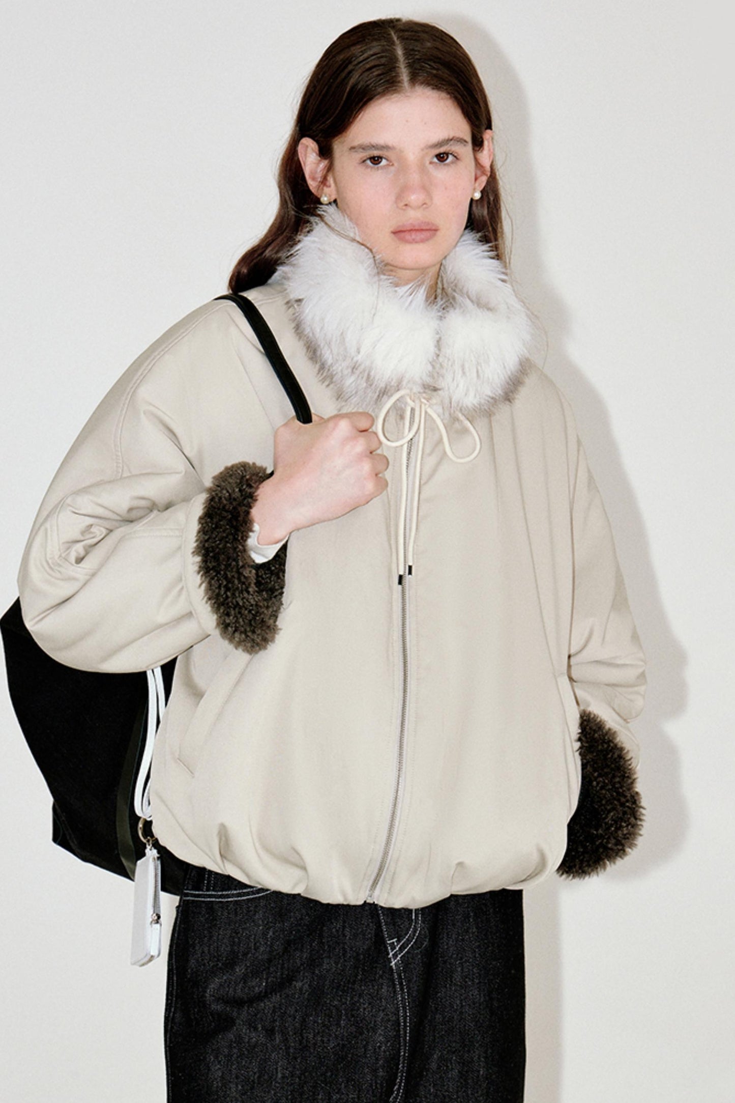 Beige Floral Fur Collar Jacket