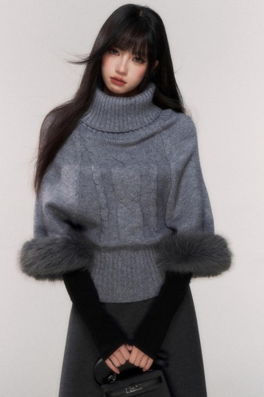 Gray Cable Knit Turtleneck Sweater