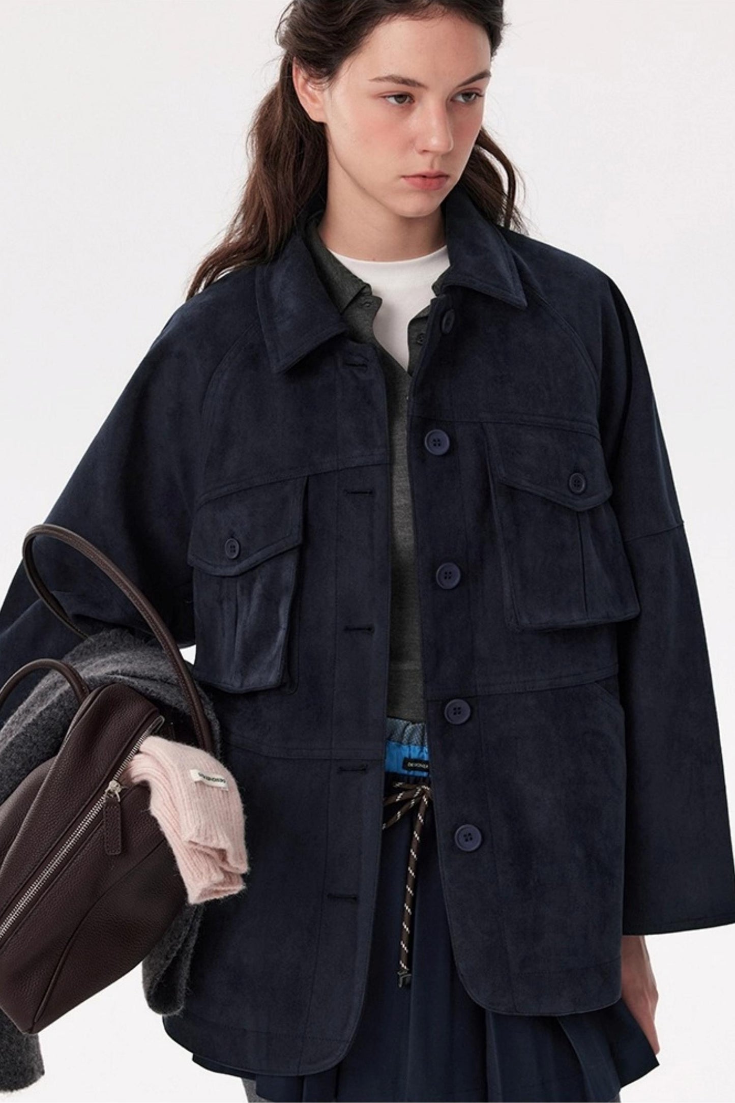 Cold Mid-Length Navy Suede Jacket