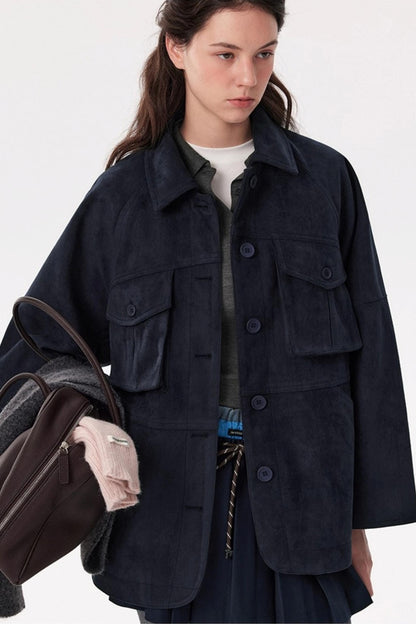 Cold Mid-Length Navy Suede Jacket