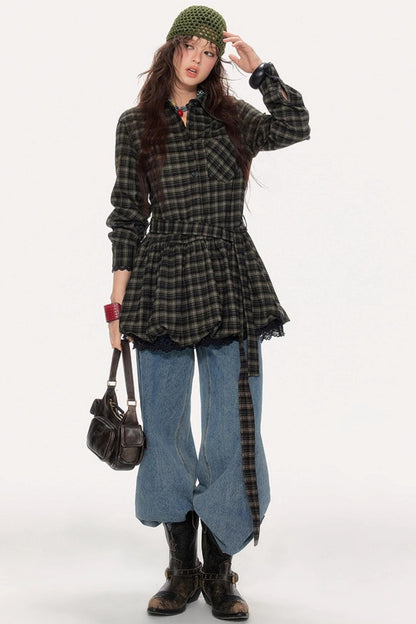 Retro Plaid Long-Sleeved Ballet Dress