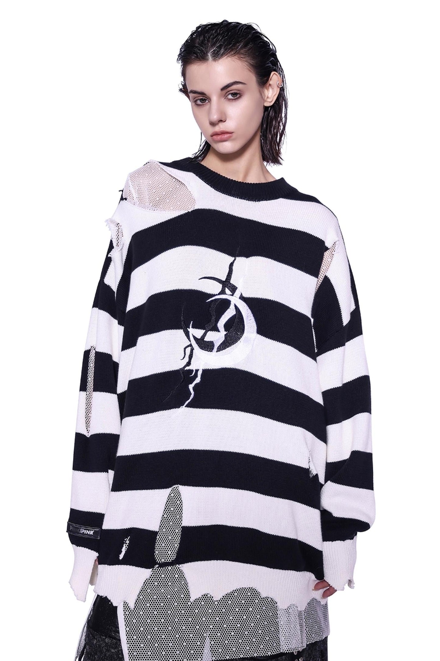 Black And White Striped Distressed Sweater