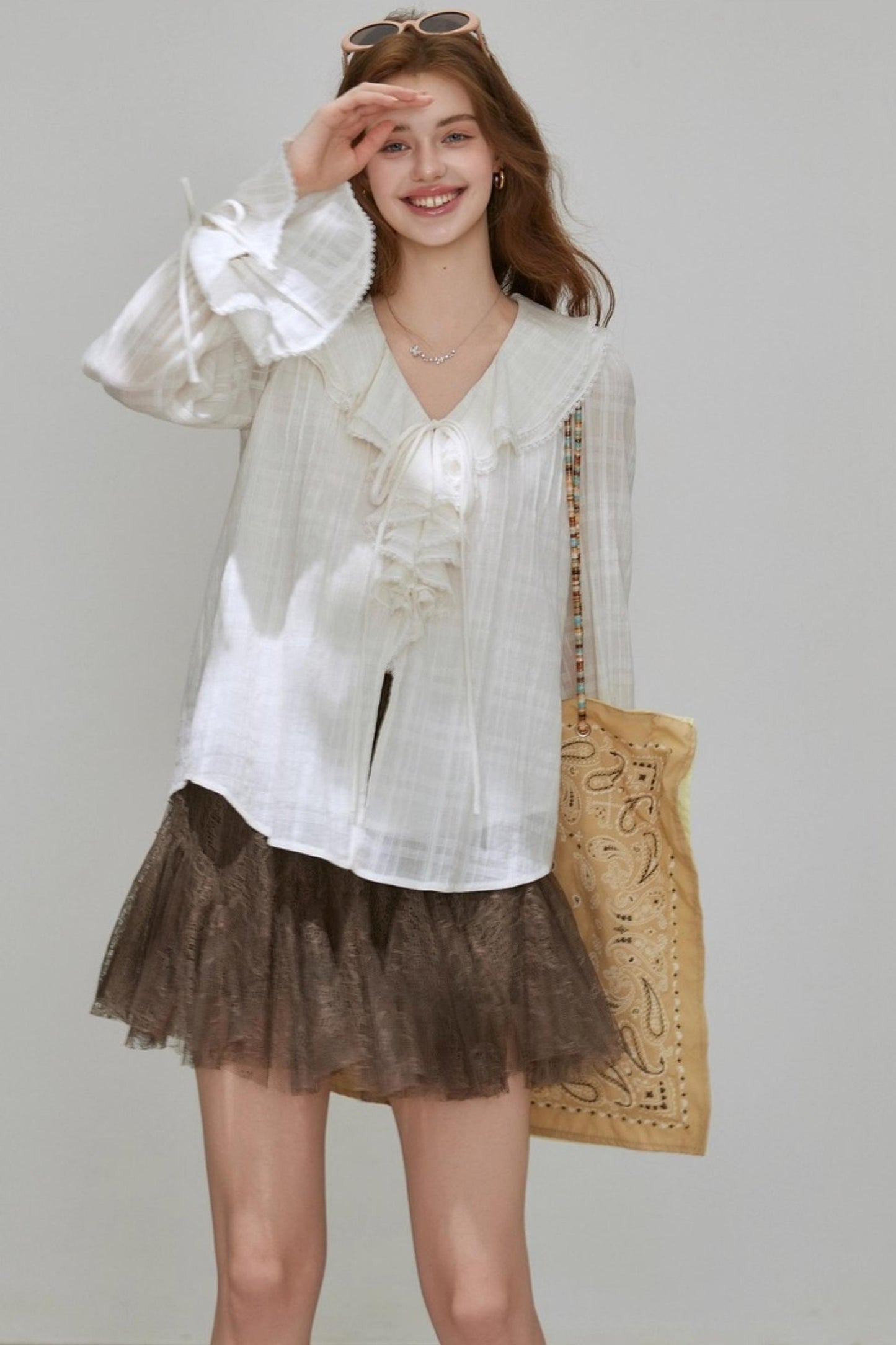 White V-Neck Ruffled French Top Shirt