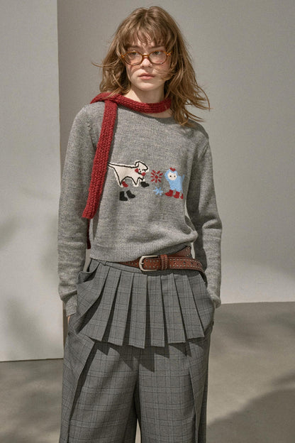 Kitten Puppy Embroidered Wool Blend Top