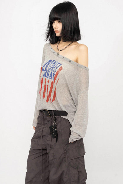 Slanted Shoulder Long Sleeve Top