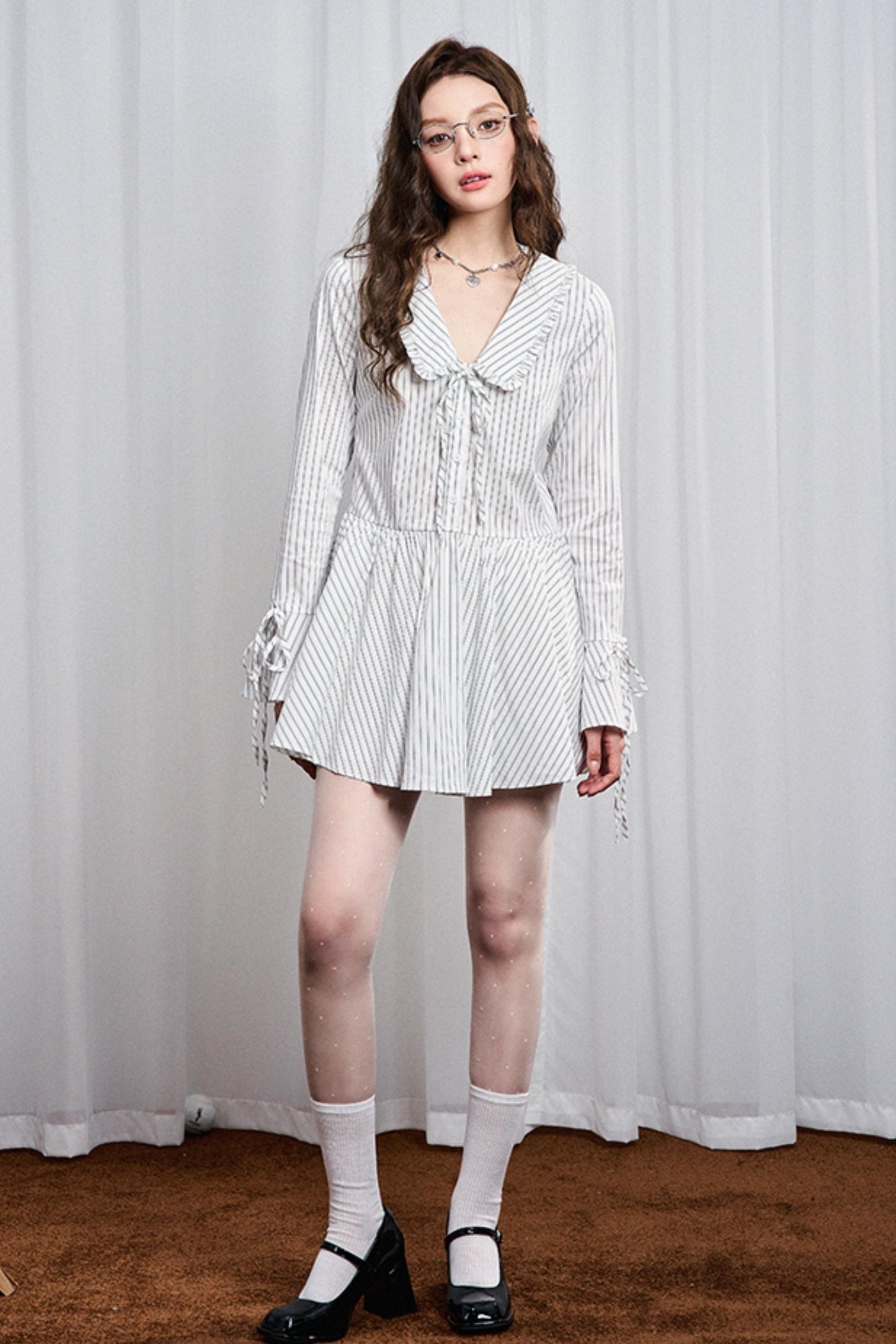 Striped Lace Bow Tie Long Sleeve Dress