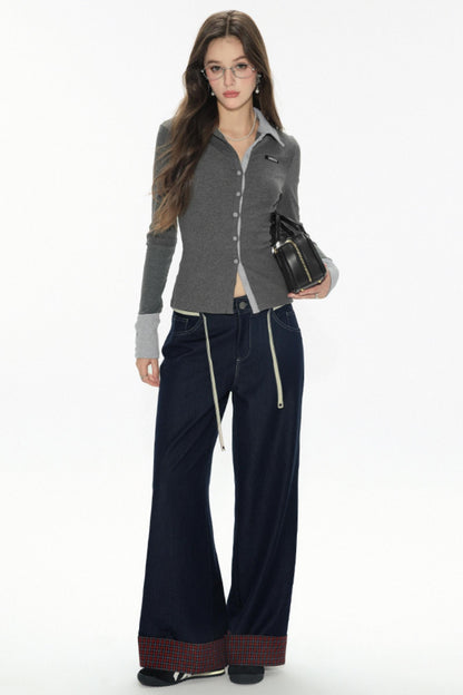 High-Waisted Navy Checkered Wide-Leg Pants