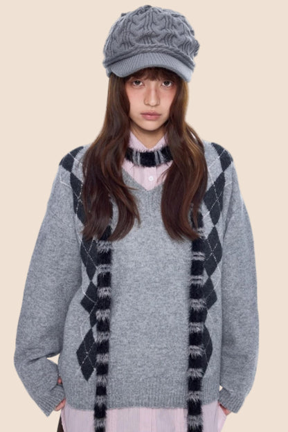 Ribbed V-Neck Knit Sweater