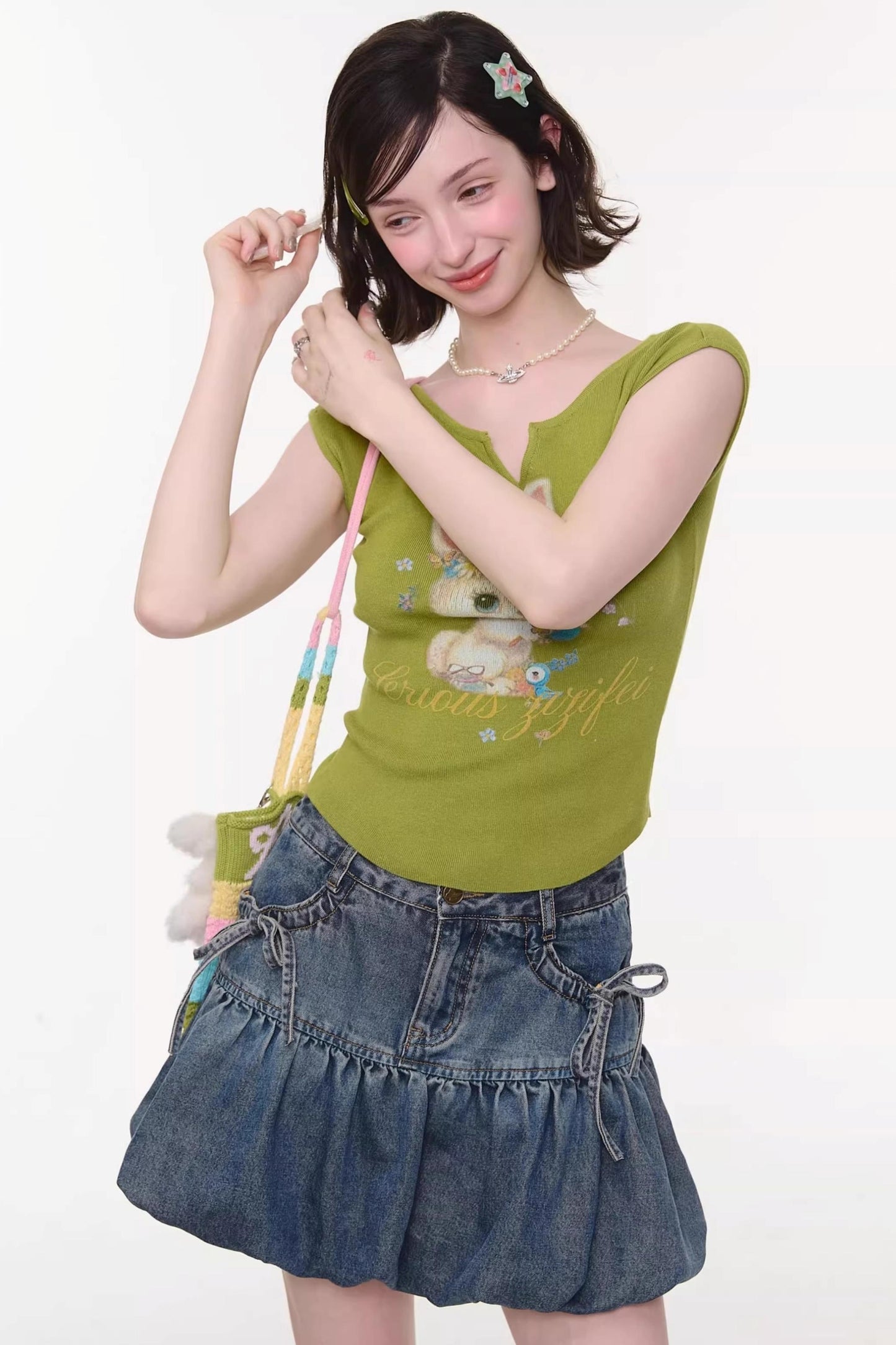 Green Rabbit Print Top