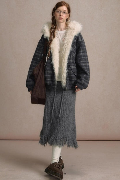 Elk Fur Collar Plaid Woolen Jacket