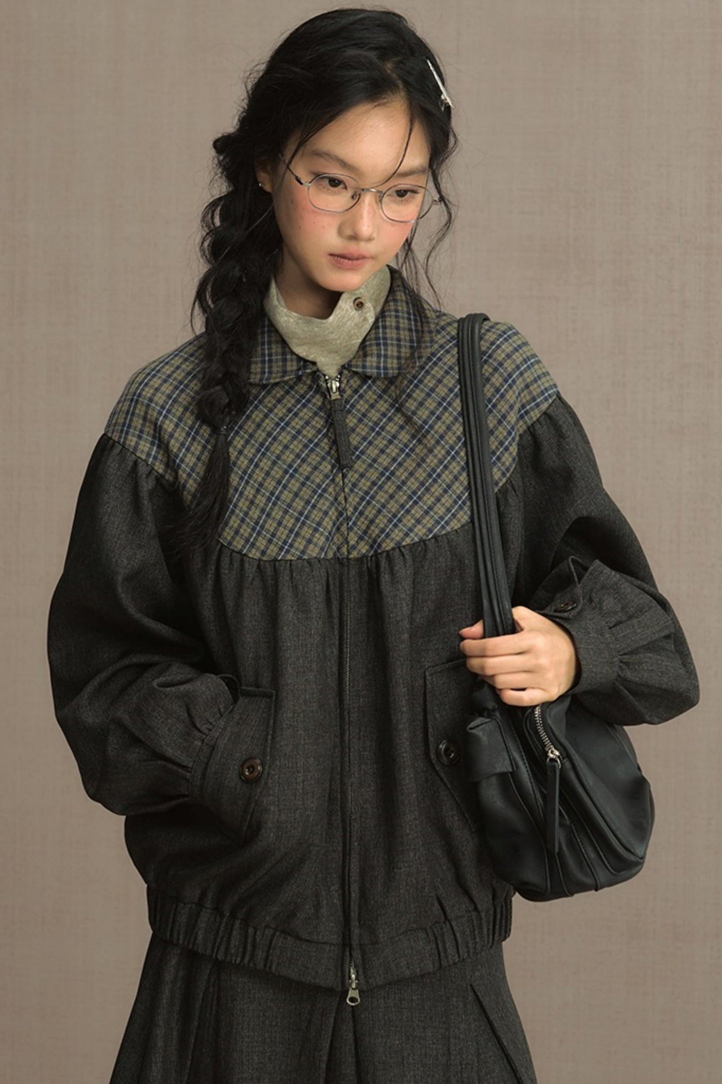 Retro Gray Plaid Cropped Jacket Set-Up