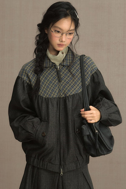 Retro Gray Plaid Cropped Jacket Set-Up