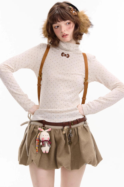 Retro Polka Dot High-Neck Long Sleeve T-Shirt