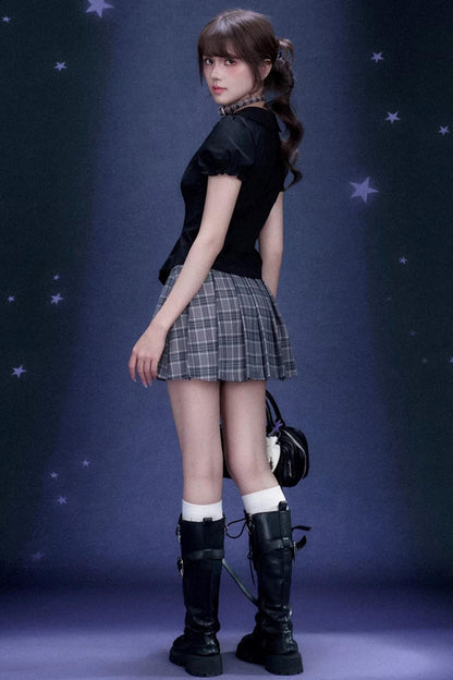 Plaid Graffiti Pleated Skirt Matching Set