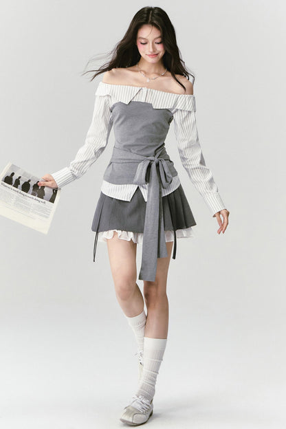 High-Intelligence Patchwork One-Shoulder Top Set-Up