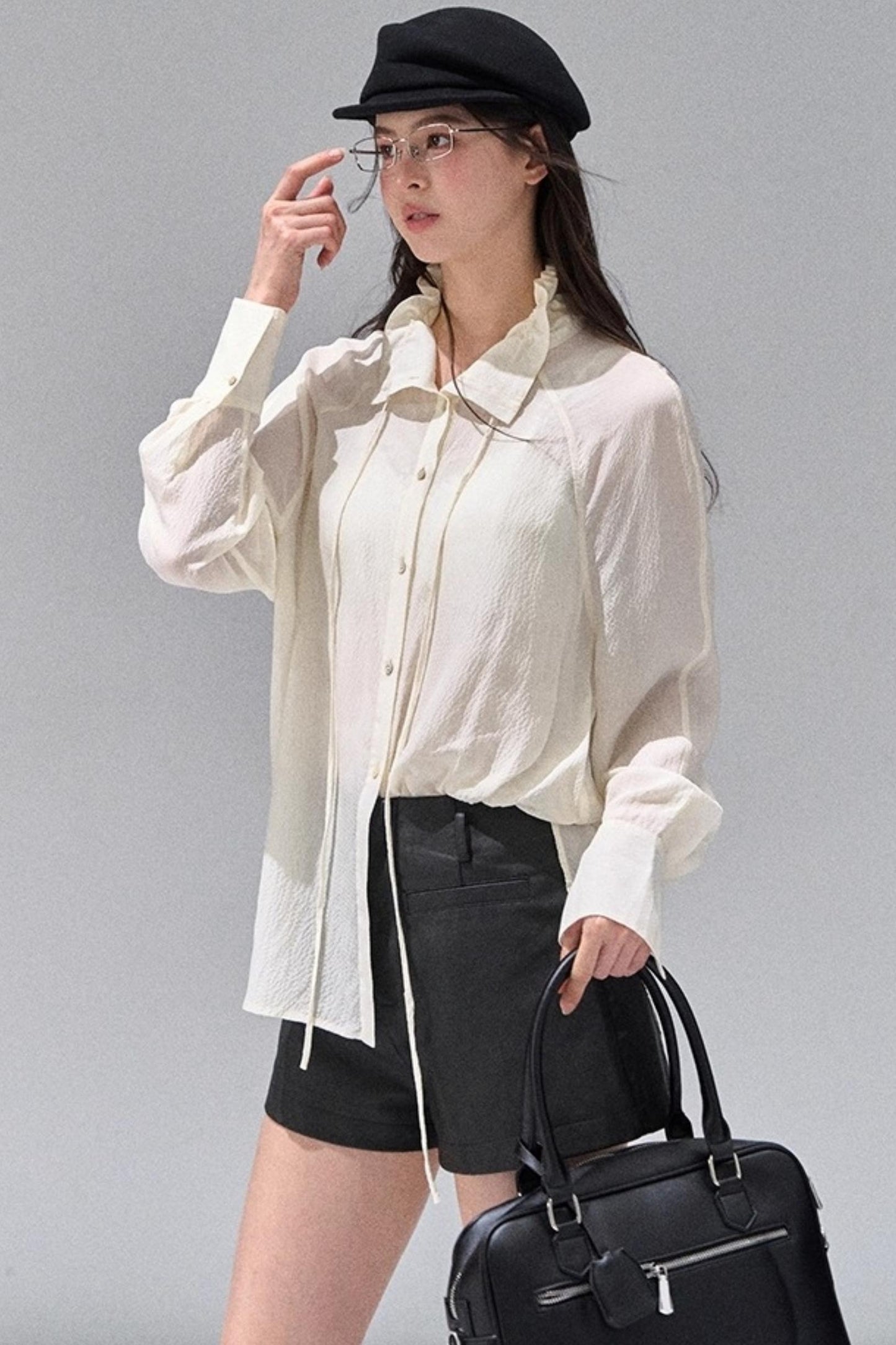 Fungus Edge Collar Drawstring Lace-up Shirt