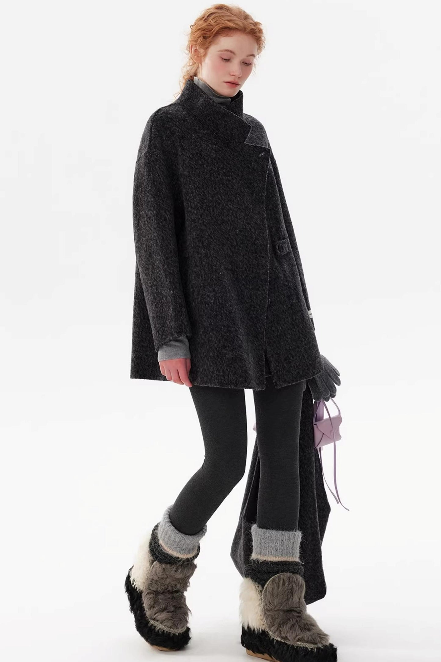 Black Wool Stand Collar Coat